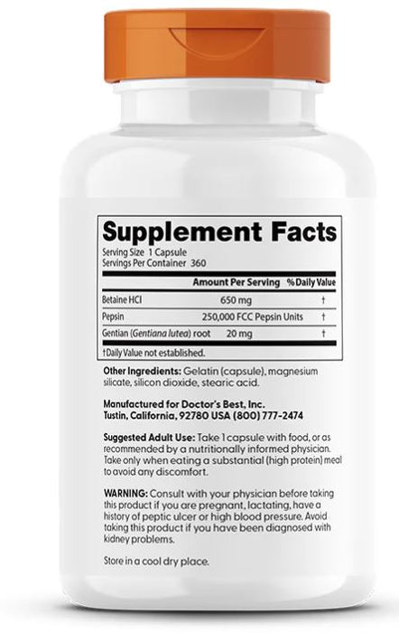 Doctor's Best Betaine HCl, Pepsin and Gentian Bitters, 360 Kapseln