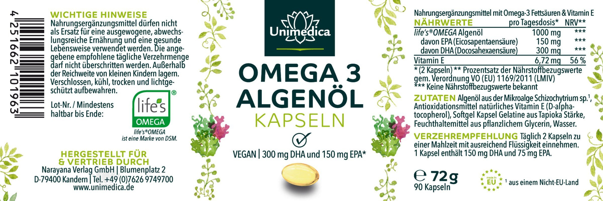 Vegane Omega 3 Algenöl Kapseln - mit 300 mg DHA und 150 mg EPA pro Tagesdosis (2 Kapseln) - 90 Kapseln